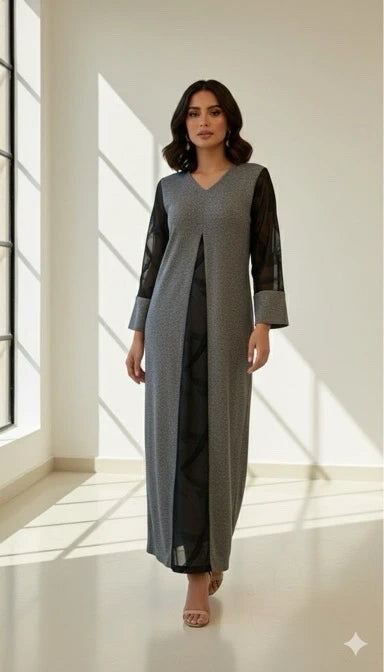 درّاعة رمادية بتصميم شيفون أسود أنيق